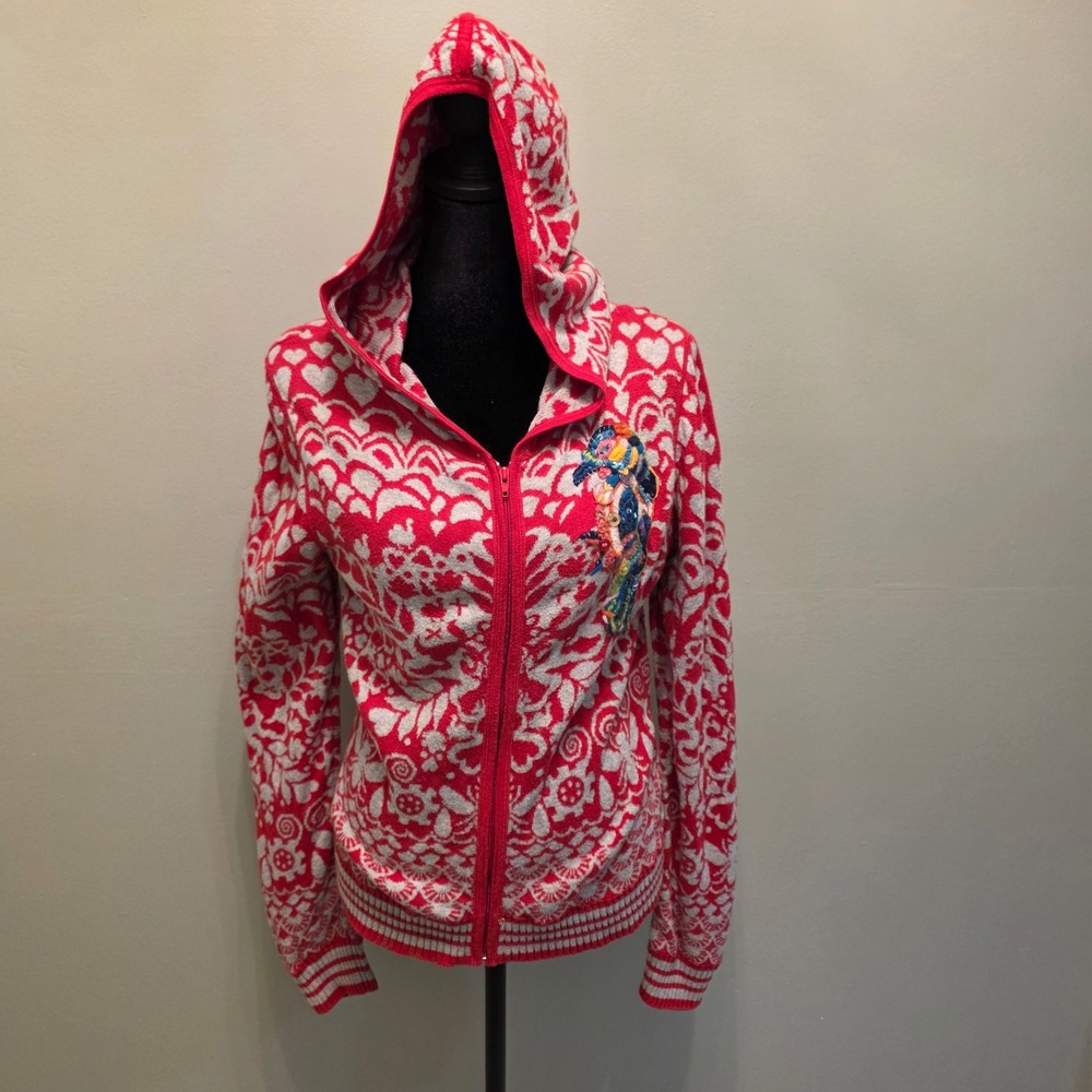Oilily Red Grey Heart Intarsia Knit Zip Up Hooded Cardigan Bird Embellished L
